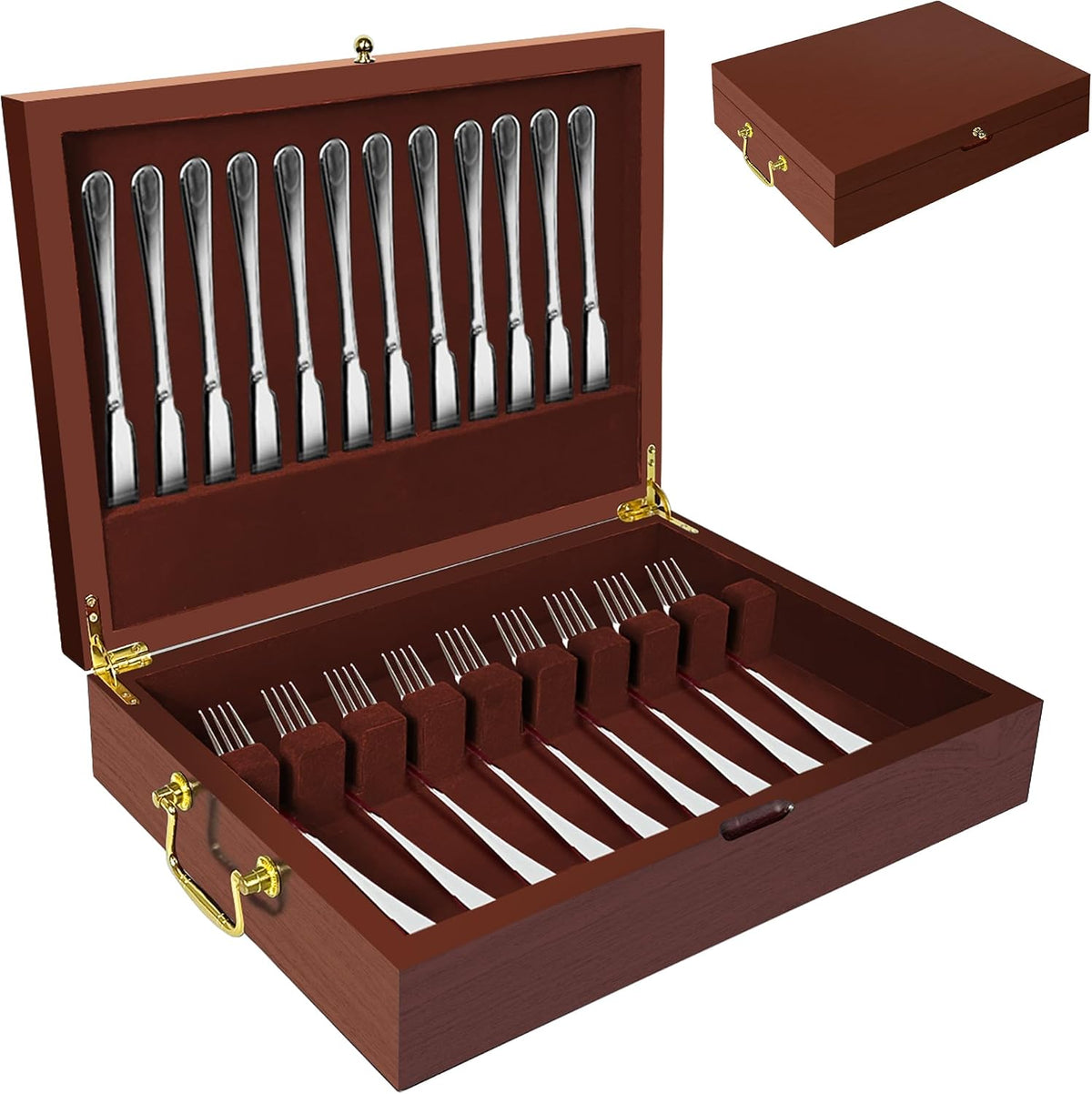 Silverware Storage Box Solid Wood with Lid, Silverware Organizer with Handle and Felt Lined, Silverware Storage Chest for Flatware and Utensils Home Decor Gift, Chest for Flatware Setting Up 15