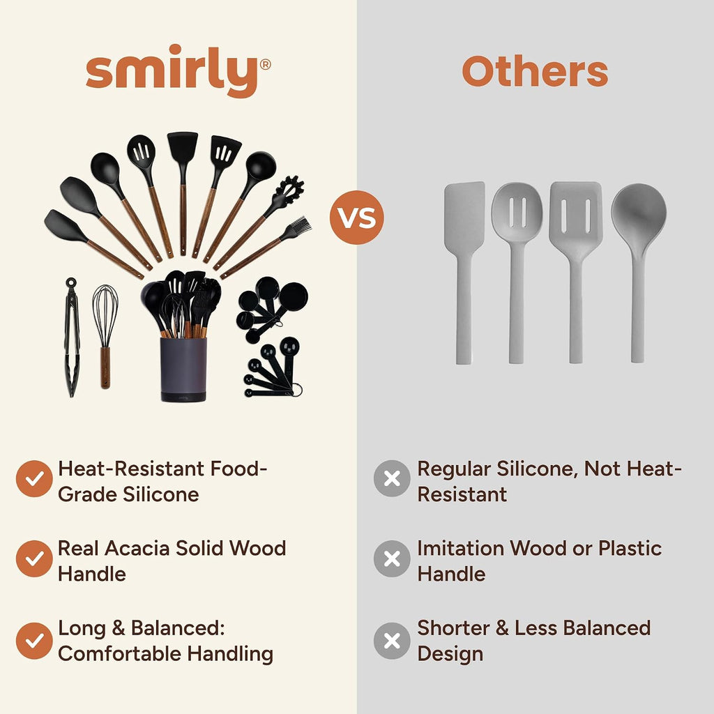 SMIRLY Silicone Kitchen Utensils Set, 22-Piece Acacia Wood Handle, Black