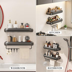 Shower Caddy Suction Cup, 2 Pack No Drilling Corner Shower Shelves, Rust Proof Bathroom Storage Organizer, Shower Corner Caddy with Removable Hooks and Towel Bar, Square, Grey