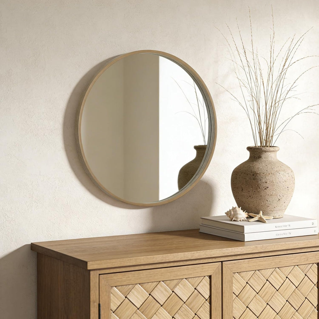 WallBeyond Round Wood Mirror 24" Circle Wall Mirror for Bathroom Round Wall Mirror for Wall Decor, Vanity, Entryway Living Room, Deep Natural