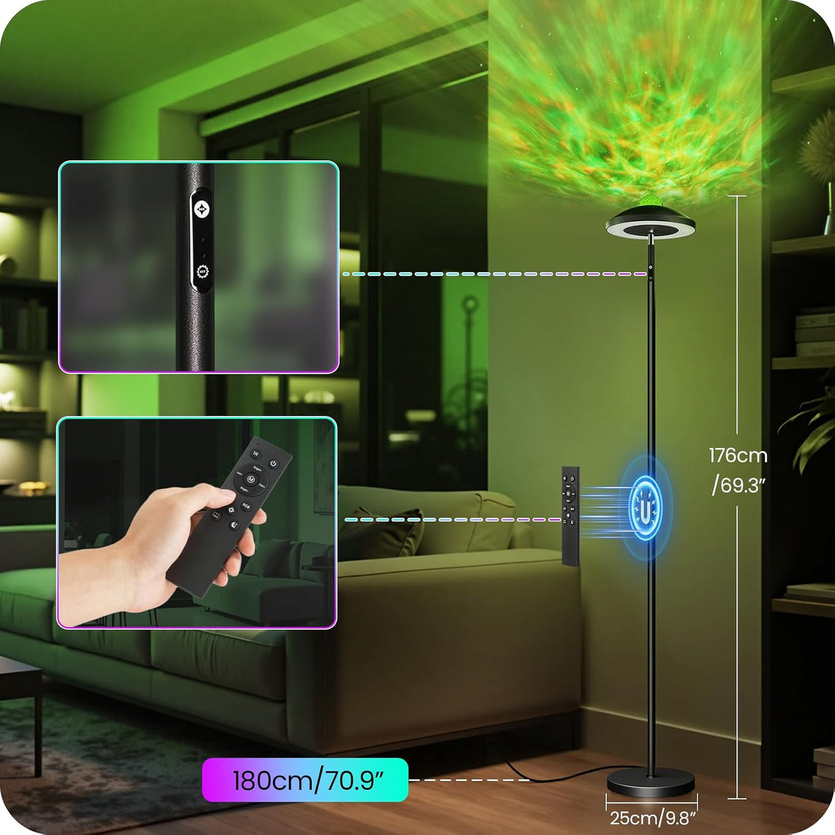 LED Floor Lamp with RGB Galaxy Projector, 18W Double Sided Corner Light Rotatable, Dimmable Standing Lamp with Remote, Black Modern Lamp for Living Room, Bedroom, Kids Room, Gaming B14LD05