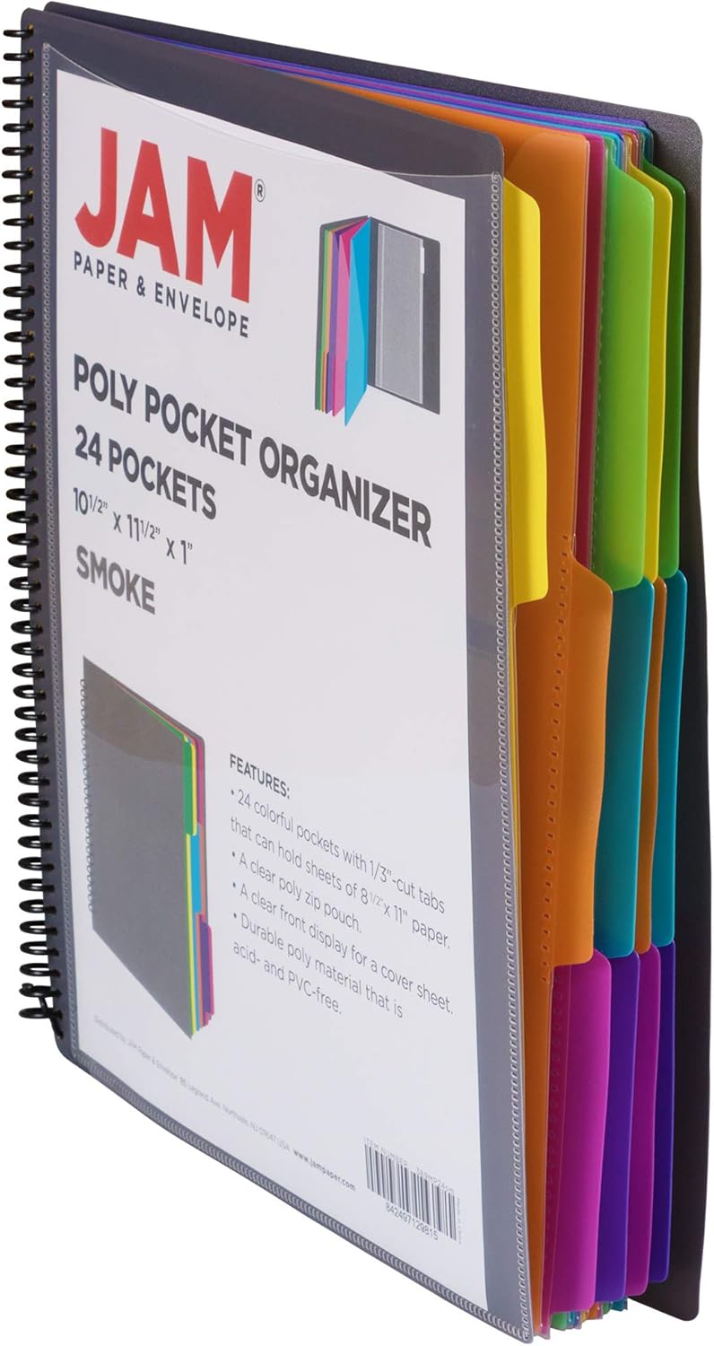 JAM PAPER Plastic Multi Pocket Folder - 24 Pocket Organizer with Zipper Pouch - Smoke Grey with Colorful Tabs - 10 1/2 x 11 1/2 - Sold Individually