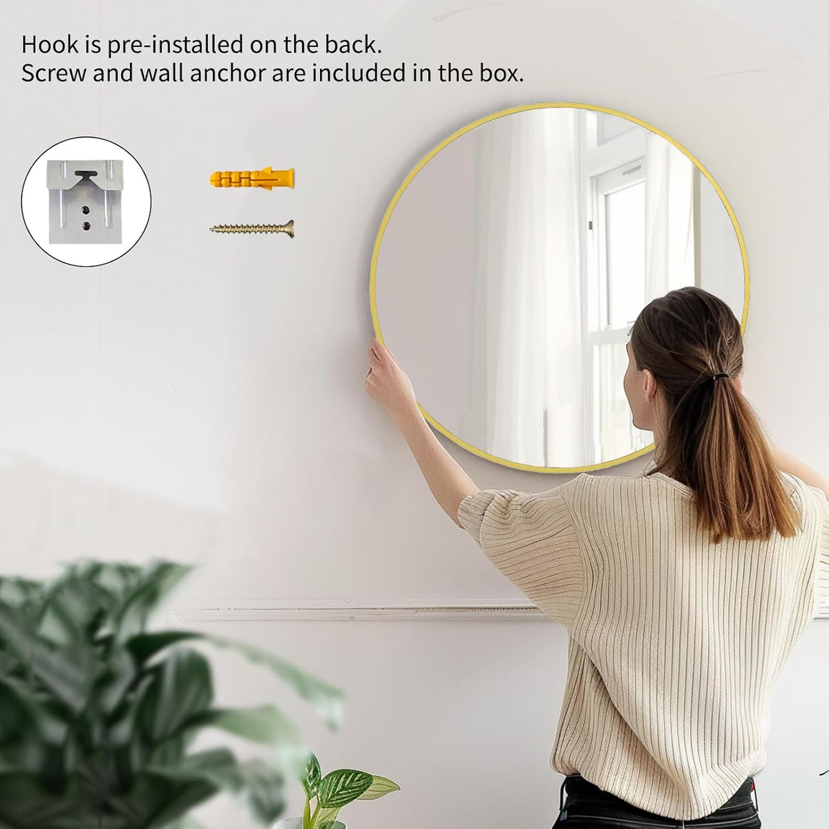 Sunniry Gold Round Mirror, 24 inch Circle Mirror, Brushed Gold Metal Frame