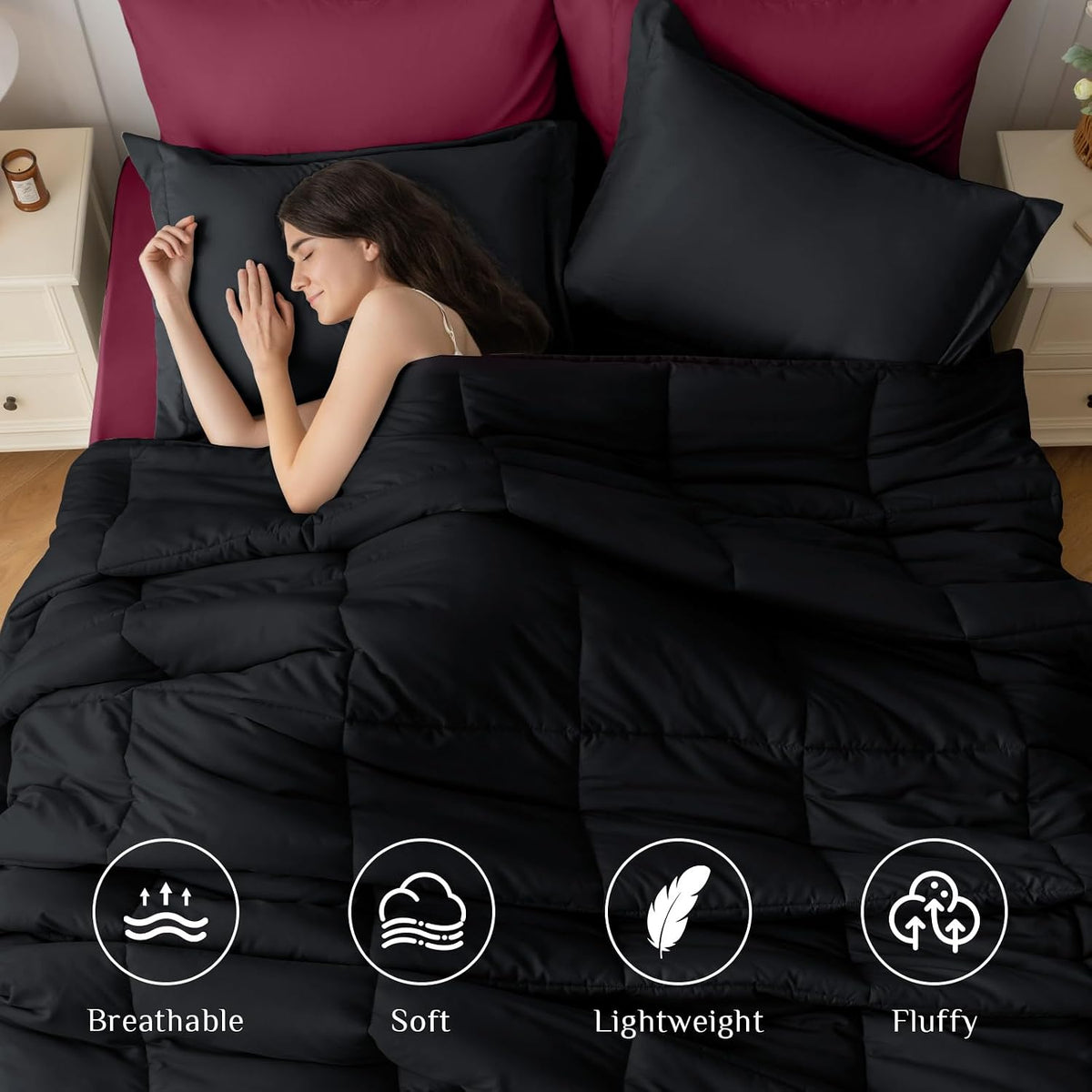 JOLLYVOGUE Queen Comforter Set, Ultra-Soft Bed in a Bag Queen Size 7 Pieces, Oeko-TEX Certified Bedding Set with Down Alternative Comforter, Sheets, Pillowcases & Shams, Black & Deep Burgundy