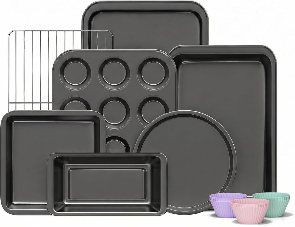 KITESSENSU Baking Pans Sets, Nonstick Bakeware Sets 19-Piece with Round/Square Cake Pan, Loaf Pan, Muffin Pan, Cookie Sheet, Roast Pan, Cooling Rack, Carbon Steel Bake Set Pink