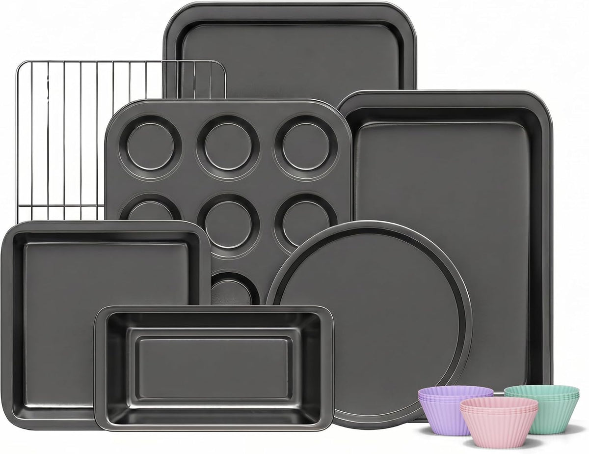 KITESSENSU Baking Pans Sets, Nonstick Bakeware Sets 19-Piece with Round/Square Cake Pan, Loaf Pan, Muffin Pan, Cookie Sheet, Roast Pan, Cooling Rack, Carbon Steel Bake Set Pink