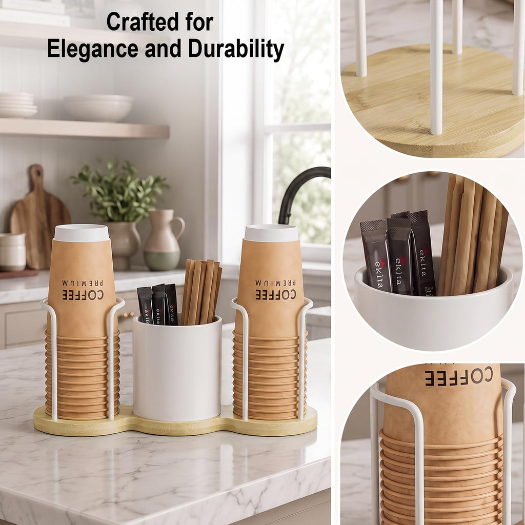 Coffee Station Organizer with Straw & Stirrer Storage Caddy for Cups Lids - Cup Mouth Dia 3.9", Disposable Paper Cup Holder Coffee and Tea Station Organizer for Coffee Bar, Office, Home Kitchen, White