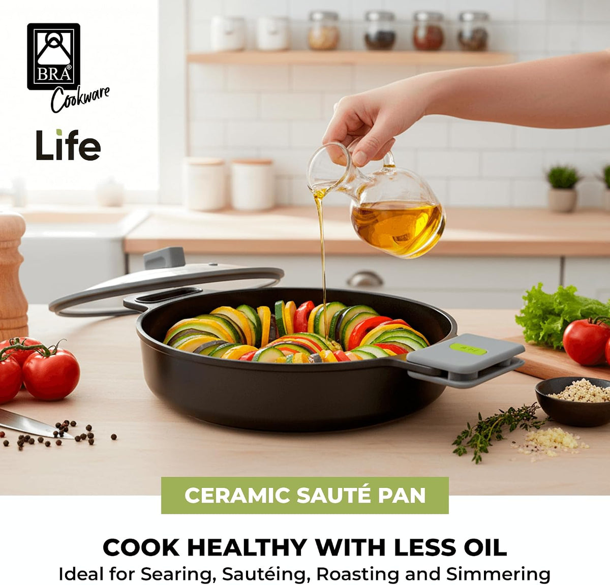 BRA COOKWARE Life Ceramic Nonstick Sauté Pan w/Lid | 12.6 In 4.8Qt Aluminum