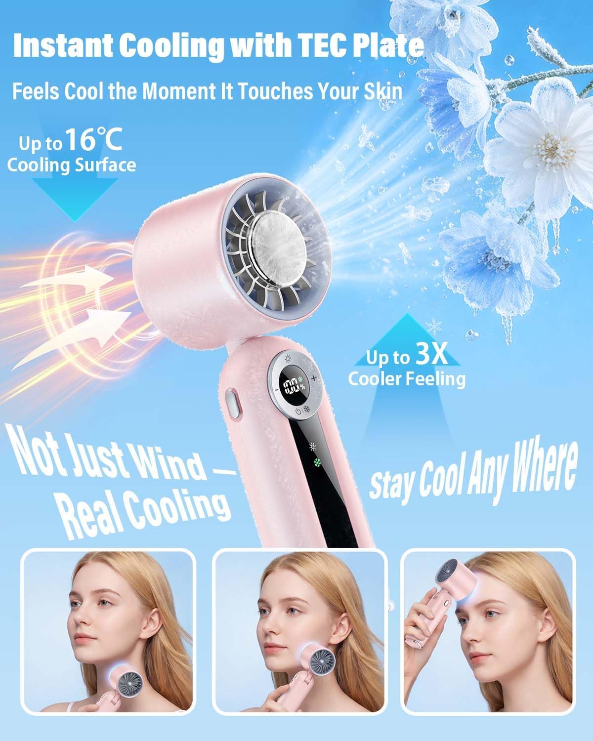 Portable Handheld Fan with Cooling Plate, 199 Speed Settings, High-Speed Personal Mini Fan up to 20000 RPM, USB-C Rechargeable, Wearable for Travel, Outdoor, Office, Home (Pink)