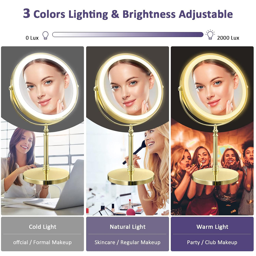 Gold Makup Mirror with Lights, 10X Magnifying Lighted Vanity Mirror, 8 Inches 360 Swivel Two-Sided Tabletop Mirror Gold Finish