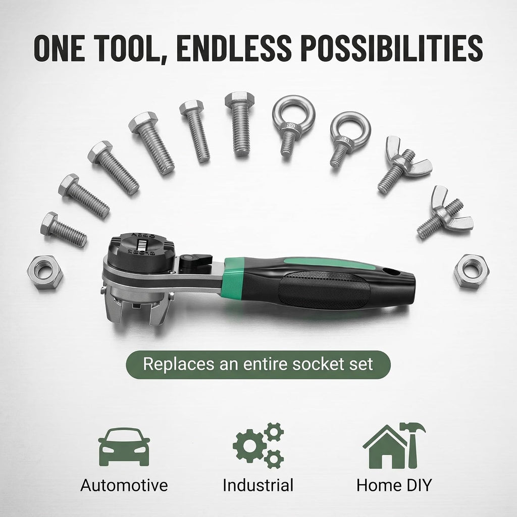 Adjustable Ratchet Wrench, Universal 6.35mm-22.2mm (1/4"-7/8") CR-V Steel Ratcheting Wrench, Non-Slip TPR Handle, Self-Adjusting Multi-Size Wrench for Auto, Motorcycle, Machinery & Home Repair