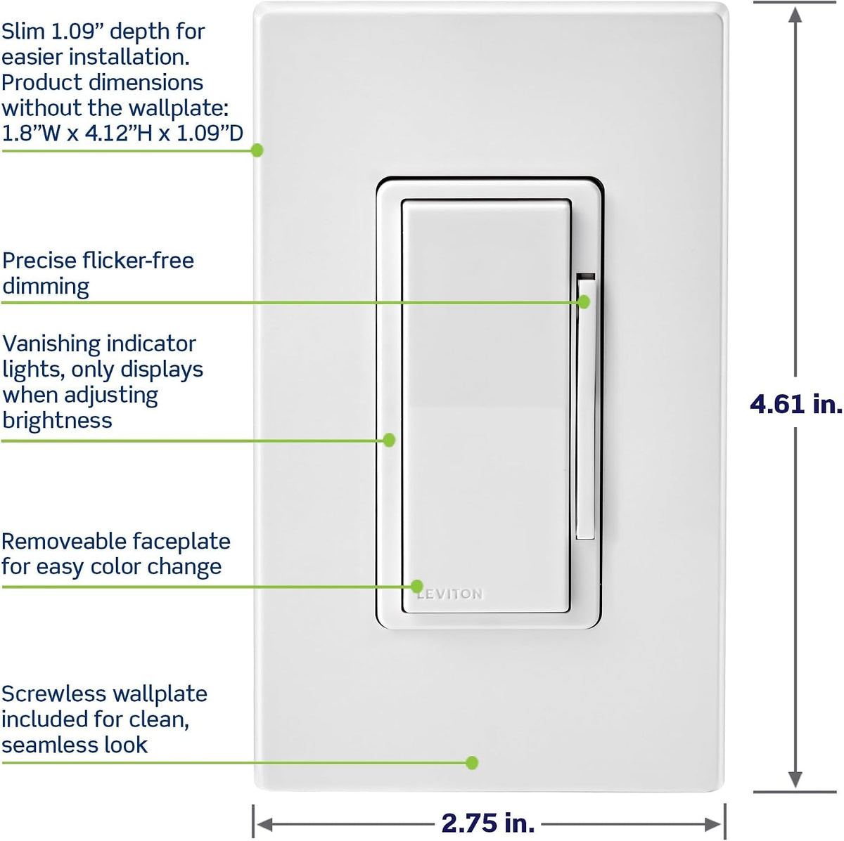 Leviton Decora Smart Dimmer Switch, Wi-Fi, D36HD-1RW, White
