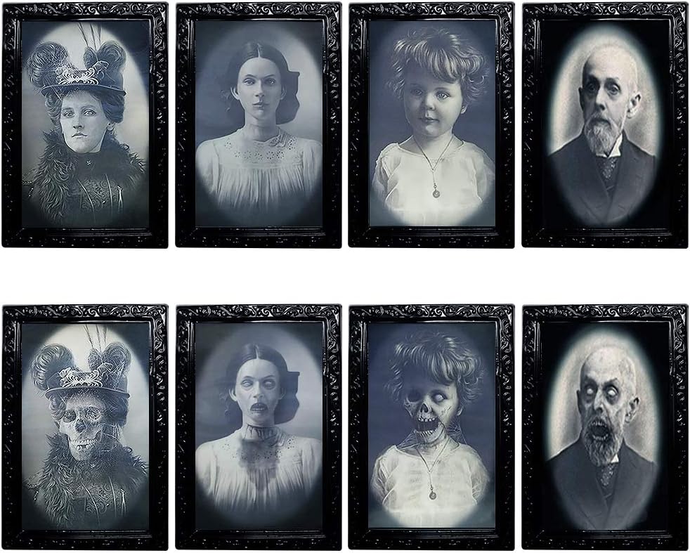 YBB 4 Pack Halloween Moving Picture Frame, 3D Changing Face Horror Portrait Scary Decoration for Home Halloween Party, Castle, Haunted House Decor