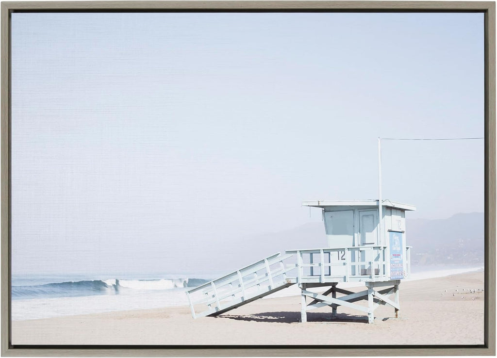 Kate and Laurel Sylvie Pale Blue Life Guard Tower Framed Canvas Wall Art by Caroline Mint, 23x33 Gray, Chic Coastal Wall Decor