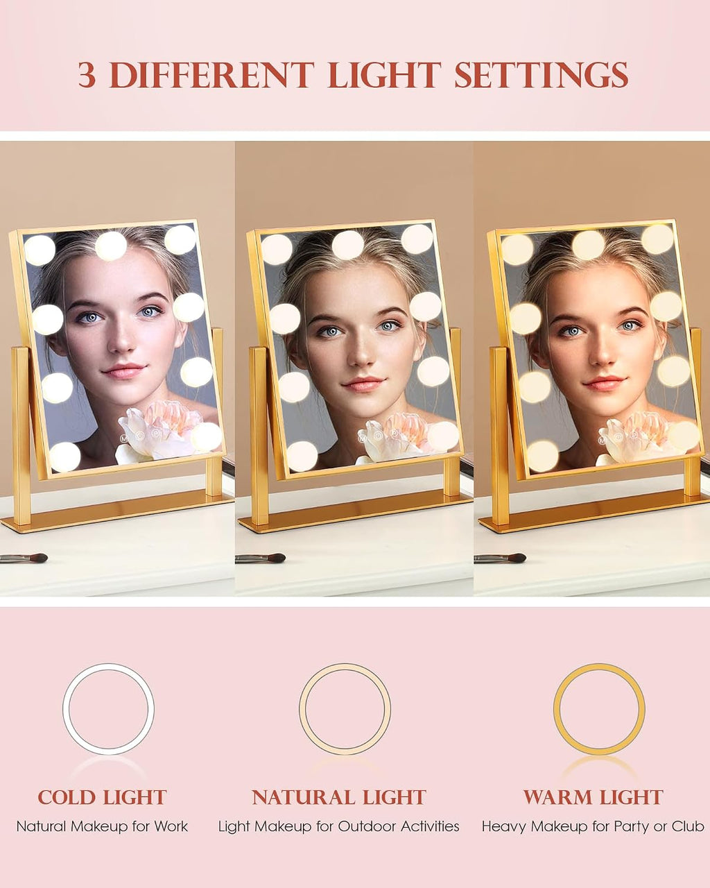 BWLLNI Lighted Makeup Mirror, Gold Vanity Mirror with Lights,9 LED Bulbs