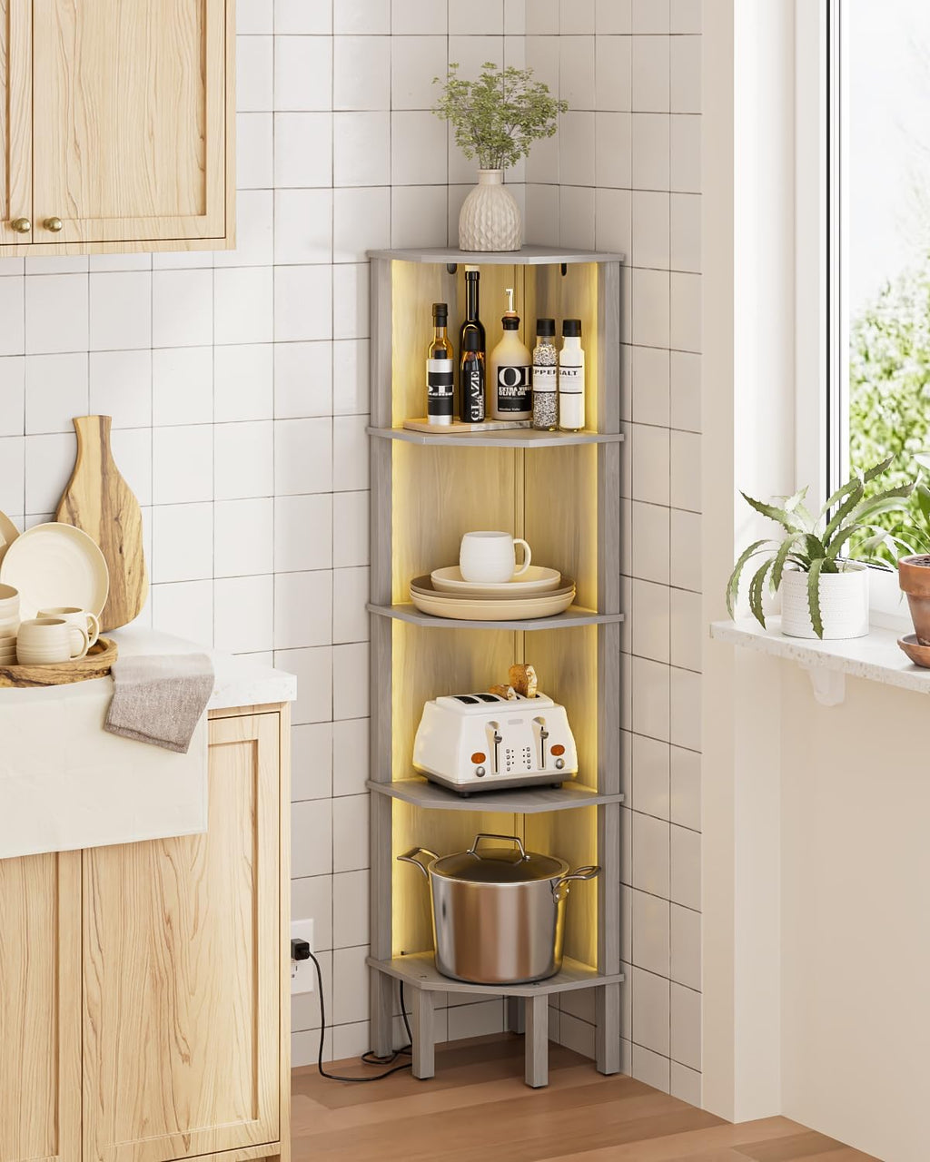 Corner Shelf Stand, 5 Tier Corner Bookshelf,Corner Furniture for Bedroom Display Corner Shelf for Small Space,Wood Shelves with Storage Rack for Living Room,Office,Gray