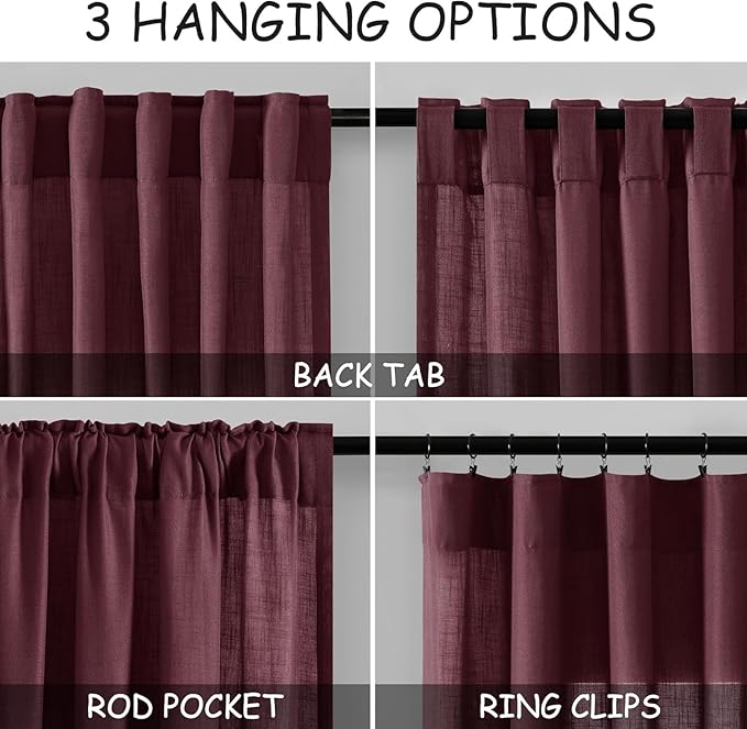 Nanspring Burgundy Linen 112 Inch Curtains - Image 2
