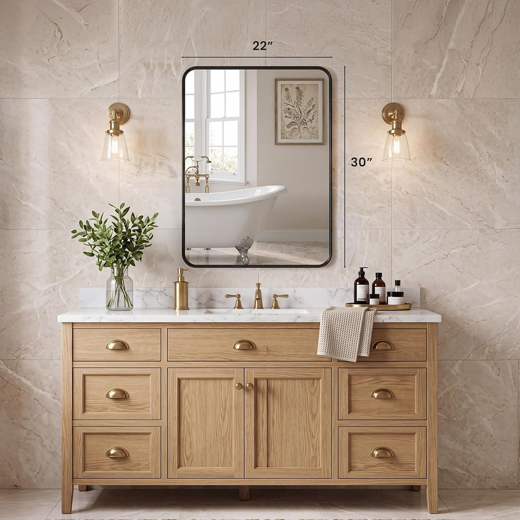Bathroom Mirror for Wall, 30x22 Inch Rectangle Mirror, Matte Black Metal Framed Bathroom Vanity Mirror for Restroom Farmhouse, Anti-Rust, Tempered Glass, Horizontally or Vertically Hanging