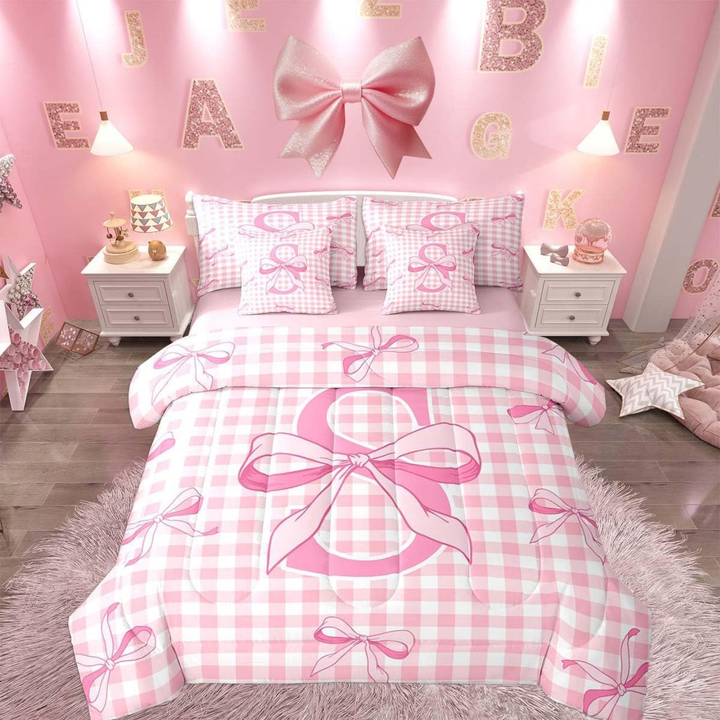 Feelyou Pink Bow Comforter Set with Sheets 7 Piece Full Size Dreamy Princess Bow Bedding Set for Kids Boys Girls Personalized Letter A Bed in a Bag Room Decor Soft Microfiber
