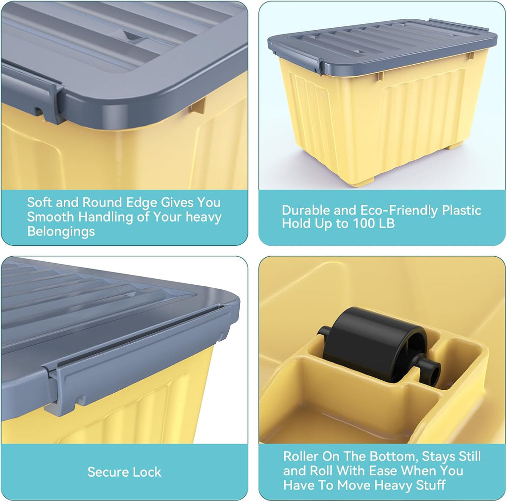 72 Quart Plastic Storage Bin On The Wheels, Stackable and Nestable Storage Boxes with Lids and Secure Latching Buckles, Large Storage Container (Yellow/Purple, 72Quart-6Pack)