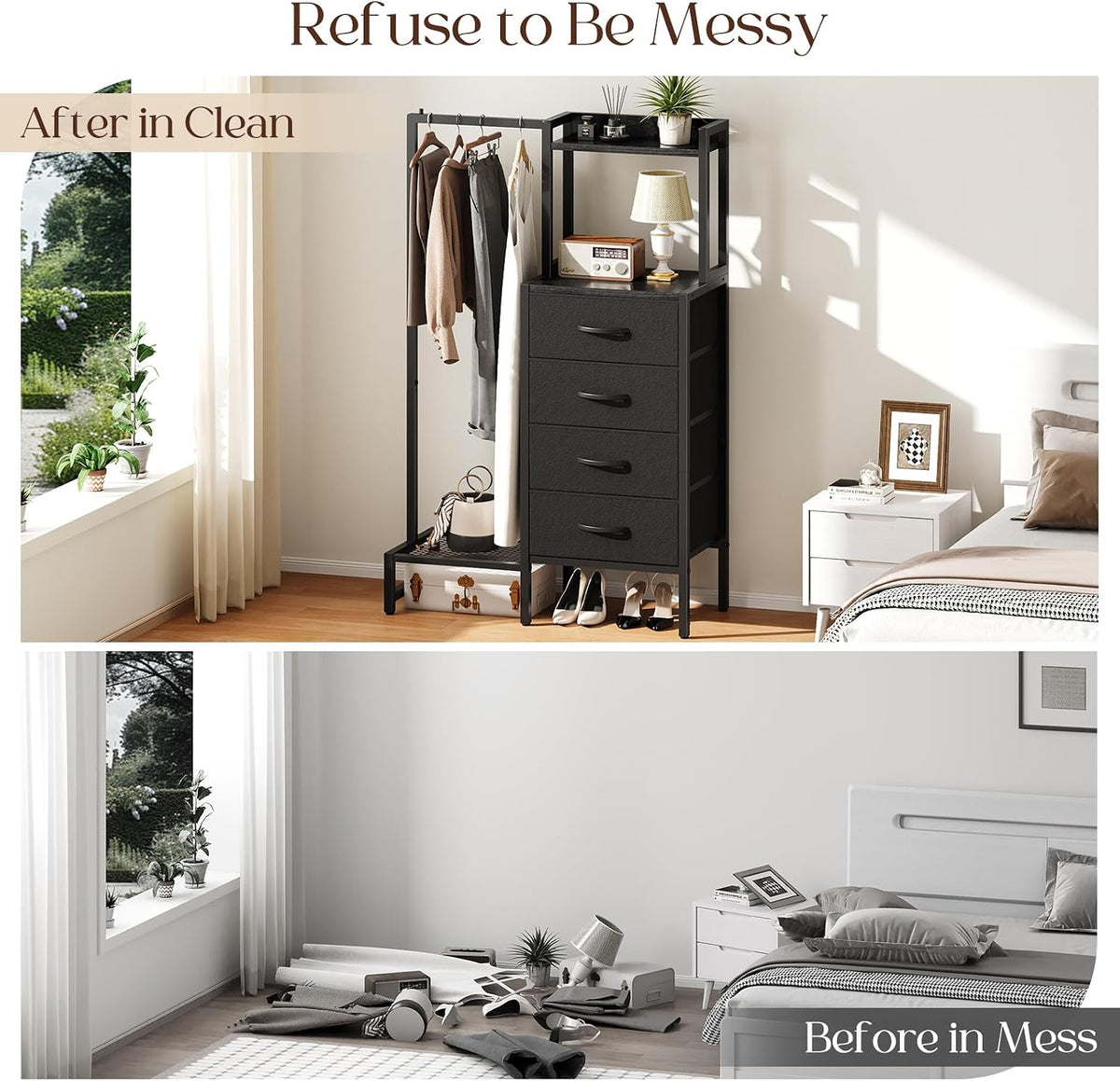 Yoobure Black Dresser with Hanging Rack - Small Closet with 4 Fabric Storage Drawers, 44" H Dresser with Clothes Rack, Chest of Drawer, Kids Dressers for Bedroom, Dorm, Living Room, Sturdy Frame