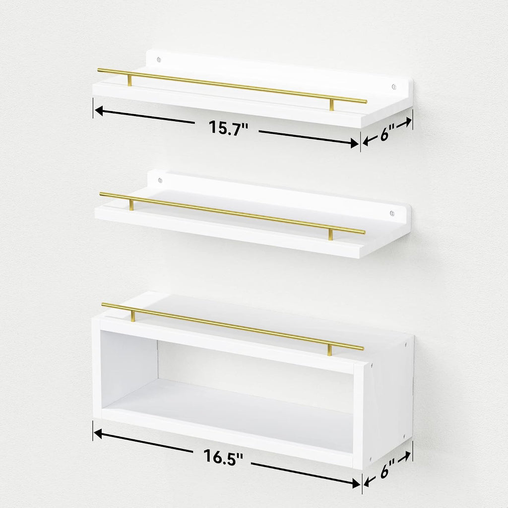 WOPITUES Floating Shelves for Wall with Cube Shelf, Wall Shelves with Metal Rail for Decor, Bathroom Organizers and Storage, Over Toilet Shelves for Bathroom, Toilet Paper-White&Gold