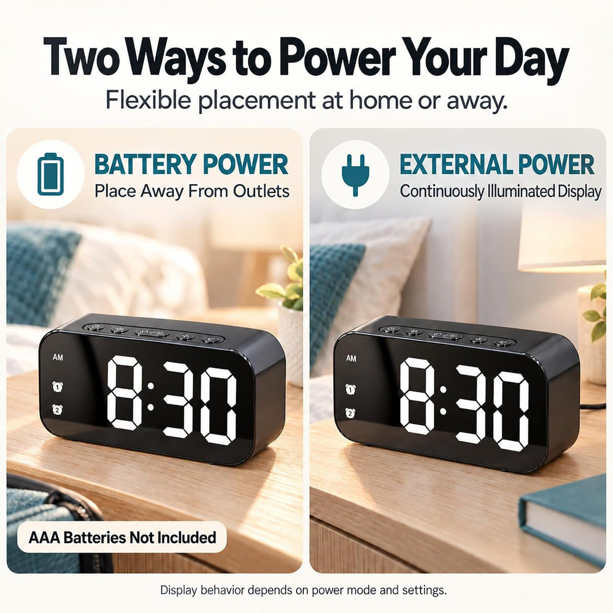 Alarm Clock Small Digital Desk for Bedrooms Bathroom Battery Operated Bedside Travel Powered Teens with Backup Simple Loud Nightstand Mini Large Display Table Desktop Office Shelf Seniors Portable LED