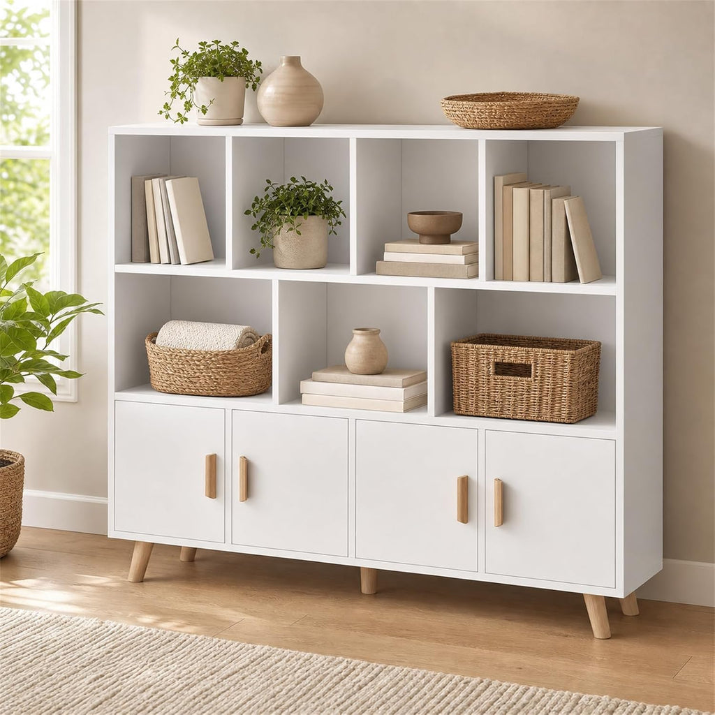 OSCHF 11-Cube Bookcase with Doors, 3-Tier Storage Cabient, Warm White