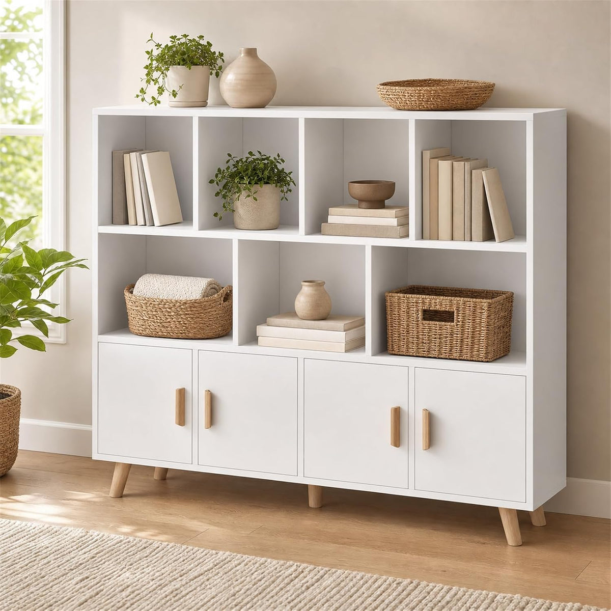 OSCHF 11-Cube Bookcase with Doors, 3-Tier Storage Cabient, Warm White
