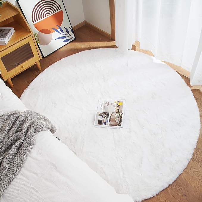 Ghouse Faux Rabbit Fur Round Rug 8ft White Round Rugs - Image 2