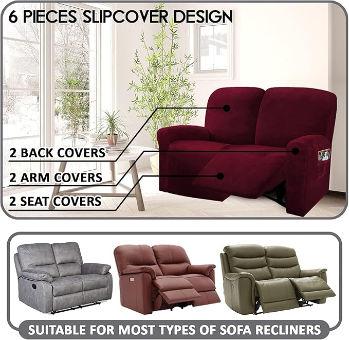 ULTICOR Reclining Love Seat Slipcover, 6-Piece Velvet Stretch Loveseat - Image 2