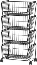 PUSDON 4-Tier Spacious Stackable Wire Storage Baskets with Wheels, Metal Rolling Utility Cart, Produce Basket for Pantry, Bathroom Organizer Shelf, Matte Black