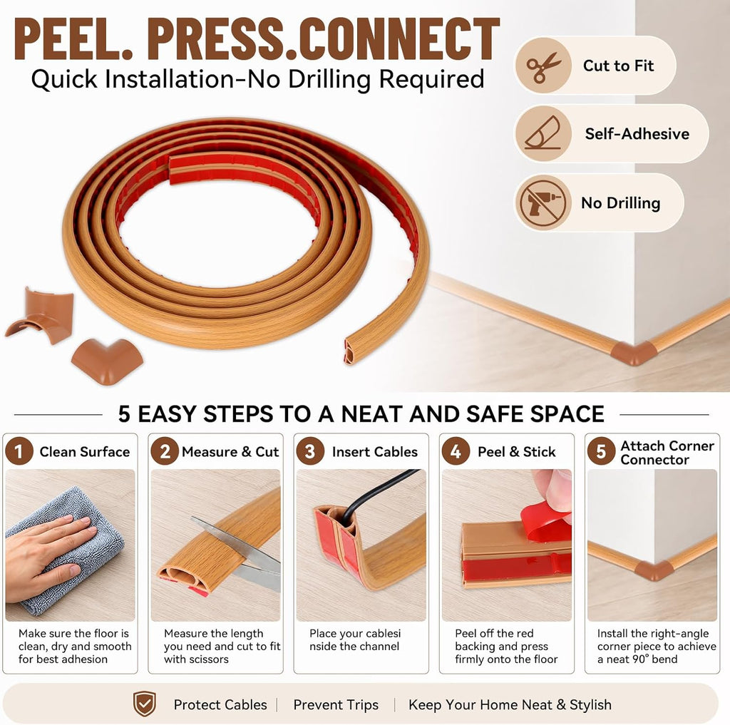 Floor Cord Cover Self Adhesive Cord Hider, Cable Management, Extension Strip Protector for Wires (Light Brown Wood Grain, 1.18" x 20')