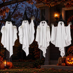 4 Pack 32 Inch Hanging Ghosts Halloween Decor, Ghost Decorations with Witch Hats & Skeleton Hands, Floating Ghost Halloween Decorations for Outside, Front Porch, Yard, Patio & Indoor Decor