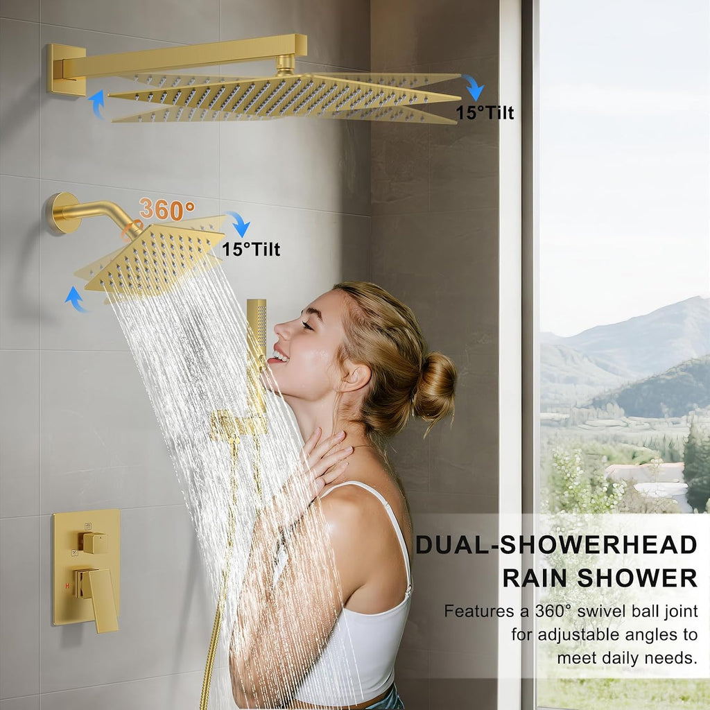 Rain Shower System 12"&6" Shower Heads Wall Mount Shower Faucet Set