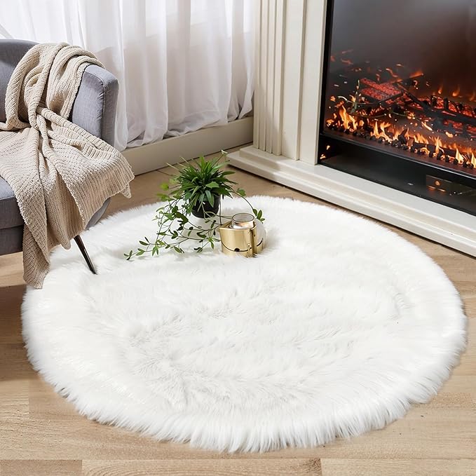 Round Fur Fluffy Area Rug for Bedroom, Cute Furry Nursery Carpet, Plush Shag - Image 5