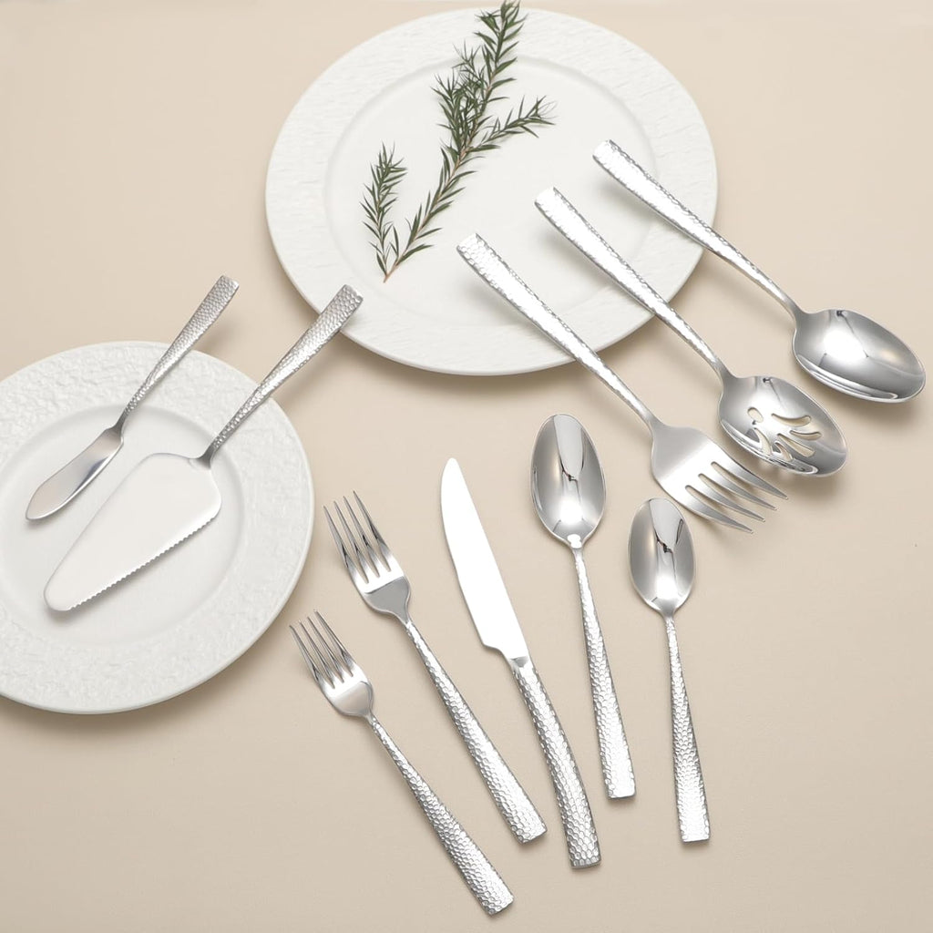 Serving Utensils Set, Stainless Steel Hammered Serving Set