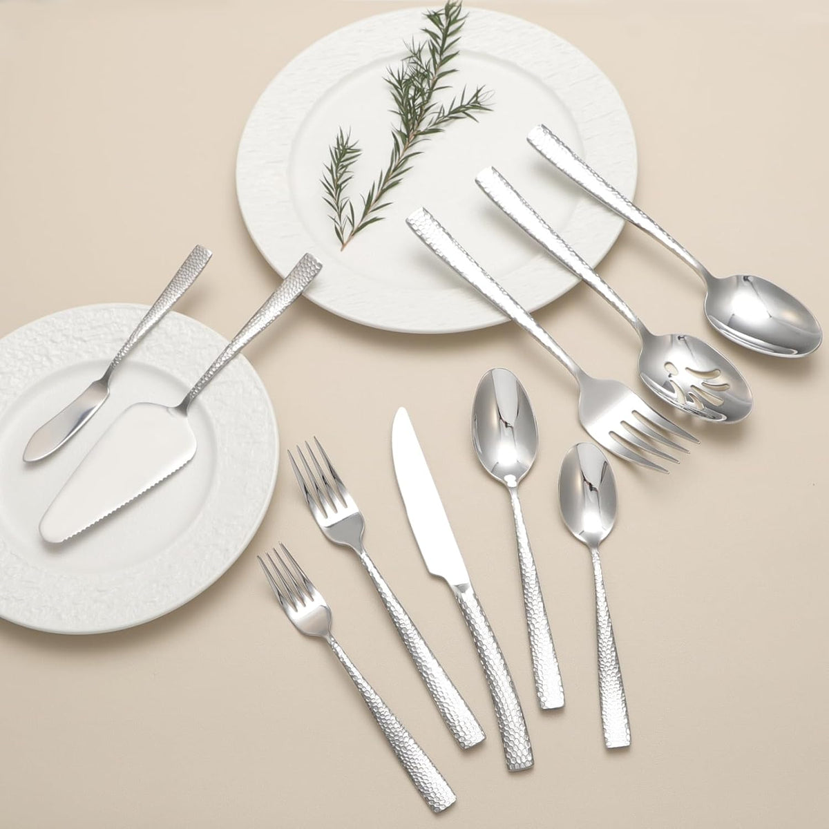 Serving Utensils Set, Stainless Steel Hammered Serving Set
