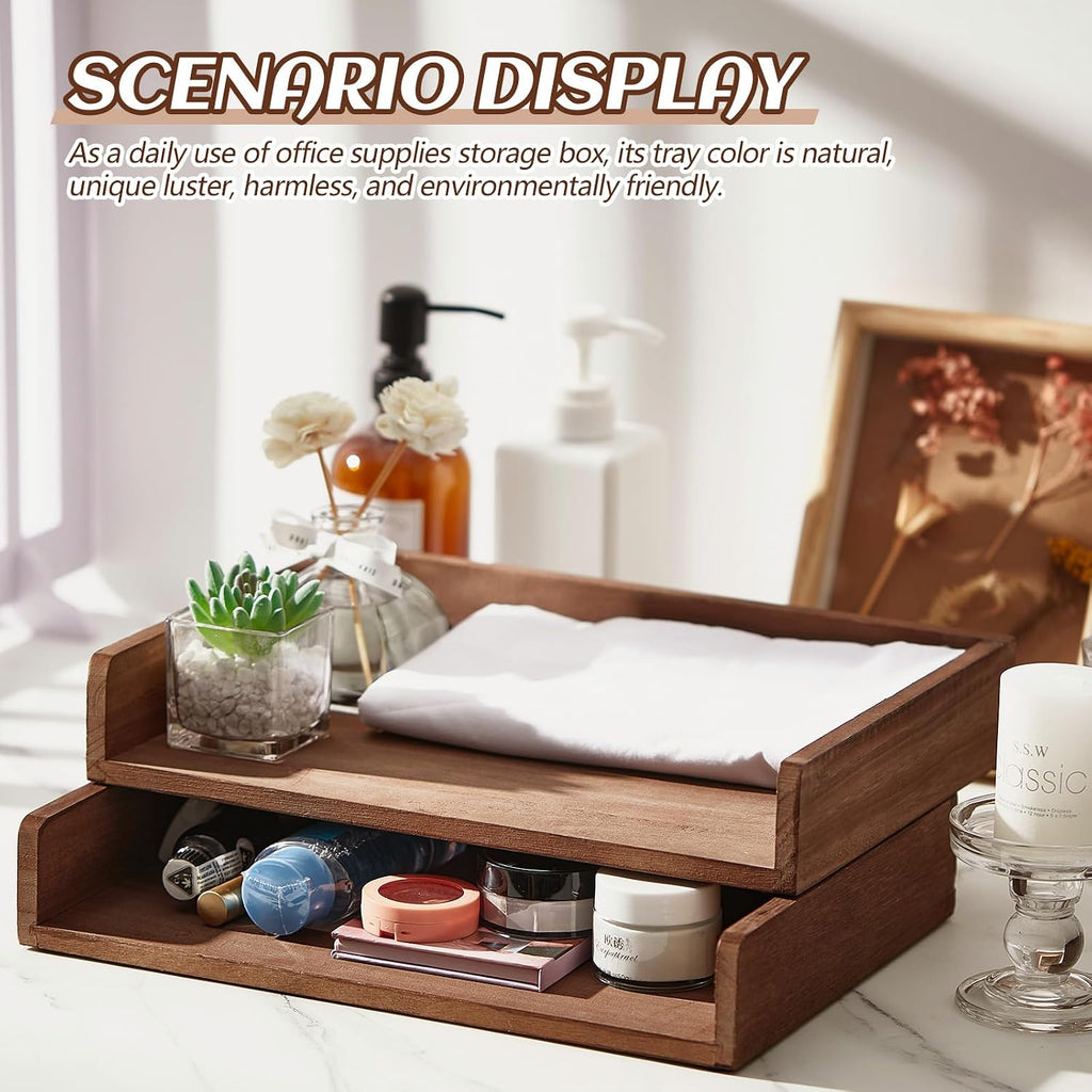 Yeaqee 4 Pcs Stackable Organizer Tray Wood Desk Organizer, Dark Wood Color