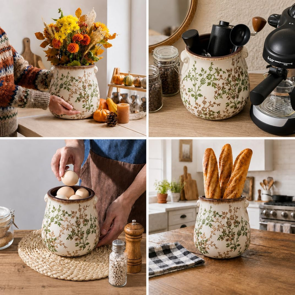 Large Vintage Floral Ceramic Utensil Holder for Kitchen Counter