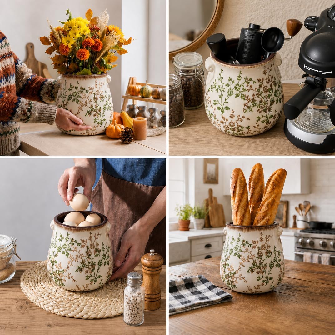 Large Vintage Floral Ceramic Utensil Holder for Kitchen Counter