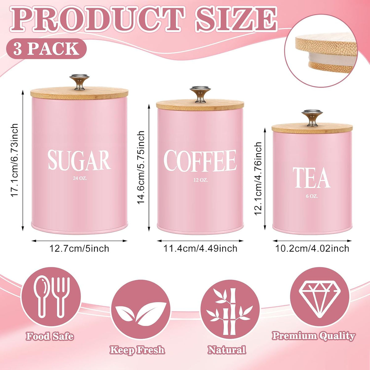 Blushtier 3 Pack Pink Metal Kitchen Canister Set 6, 12, 24 oz
