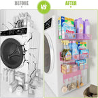4 Pack Magnetic Shelves for Washing Machine, Heavy-Duty Magnetic Laundry Organizer with Hooks, Washing Machine Shelf for Refrigerator, Metal Storage Baskets, Closet & Laundry Room Organization (Pink)