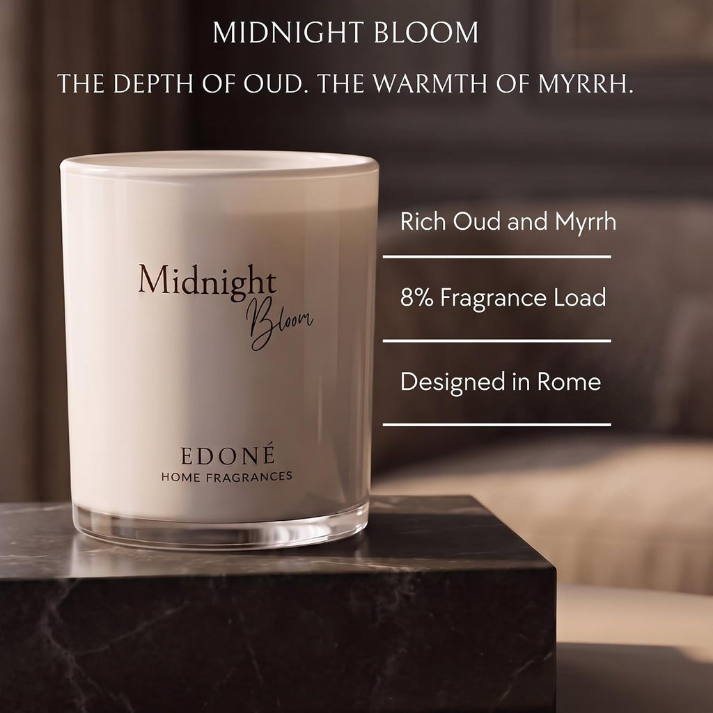 Midnight Bloom Premium Scented Candle, Myrrh & Oud, 8 oz, Designed in Rome,100% Soy Wax Jar Candle, 45+ Hour Burn, Italian & Indian Inspired Fragrance, Home Décor Gift