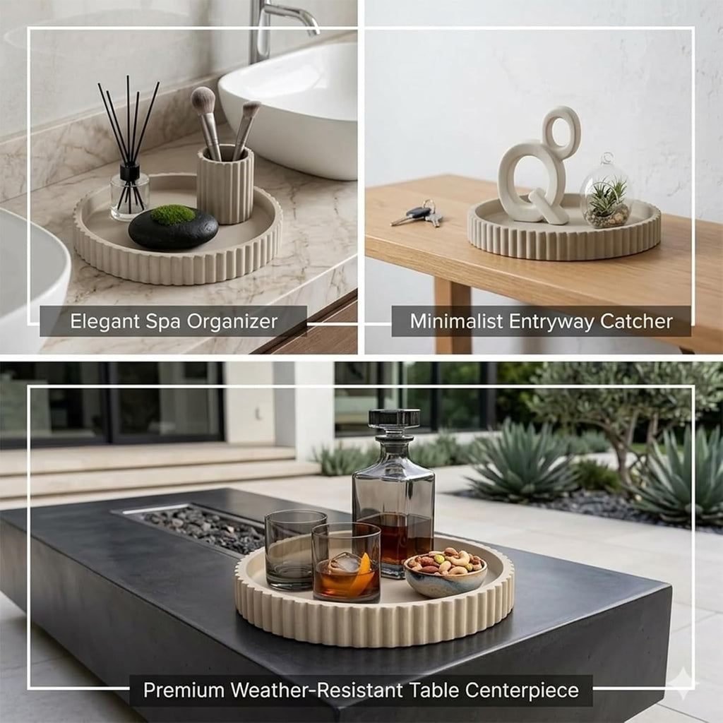 Round Solid Concrete Tray, Fluted Centerpiece for Coffee Table Decor 11"