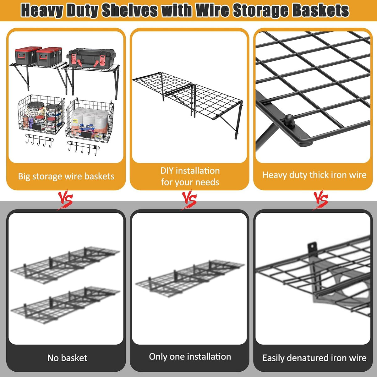 ThreeHio 2 Pack Garage Shelves Wall Mounted with Wire Baskets, Heavy Duty Garage Wall Shelving with Hooks, Wire Shelf Baskets Tool Organizer for Home Garden Garage Organization and Storage