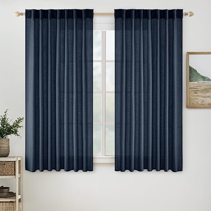 MIULEE Navy Blue Linen Curtains 54 Inch Length 2 Panels by MIULEE