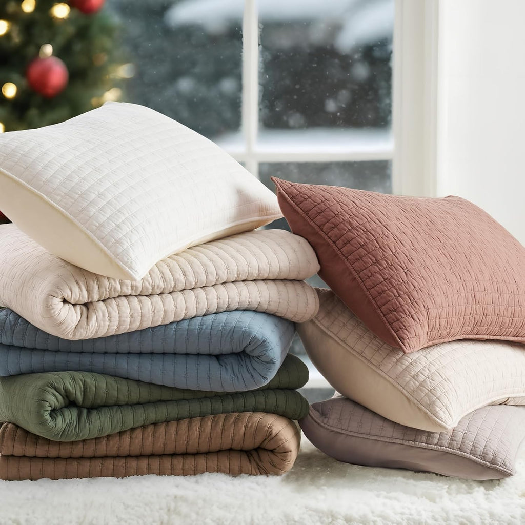 EVERGRACE 100% Cotton Cross Stitch 3-Piece Quilt Set, King, Camel Brown