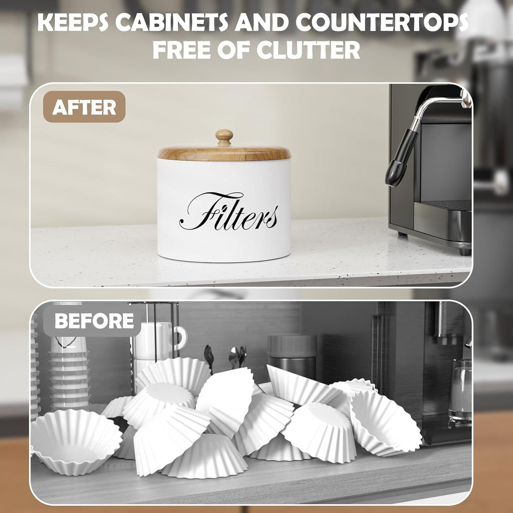 Coffee Filter Holder, Wooden Coffee Filter Storage with Lid, Round CoffeeFilterContainer for Counter, Rustic Farmhouse Bar Accessories Decor (White)