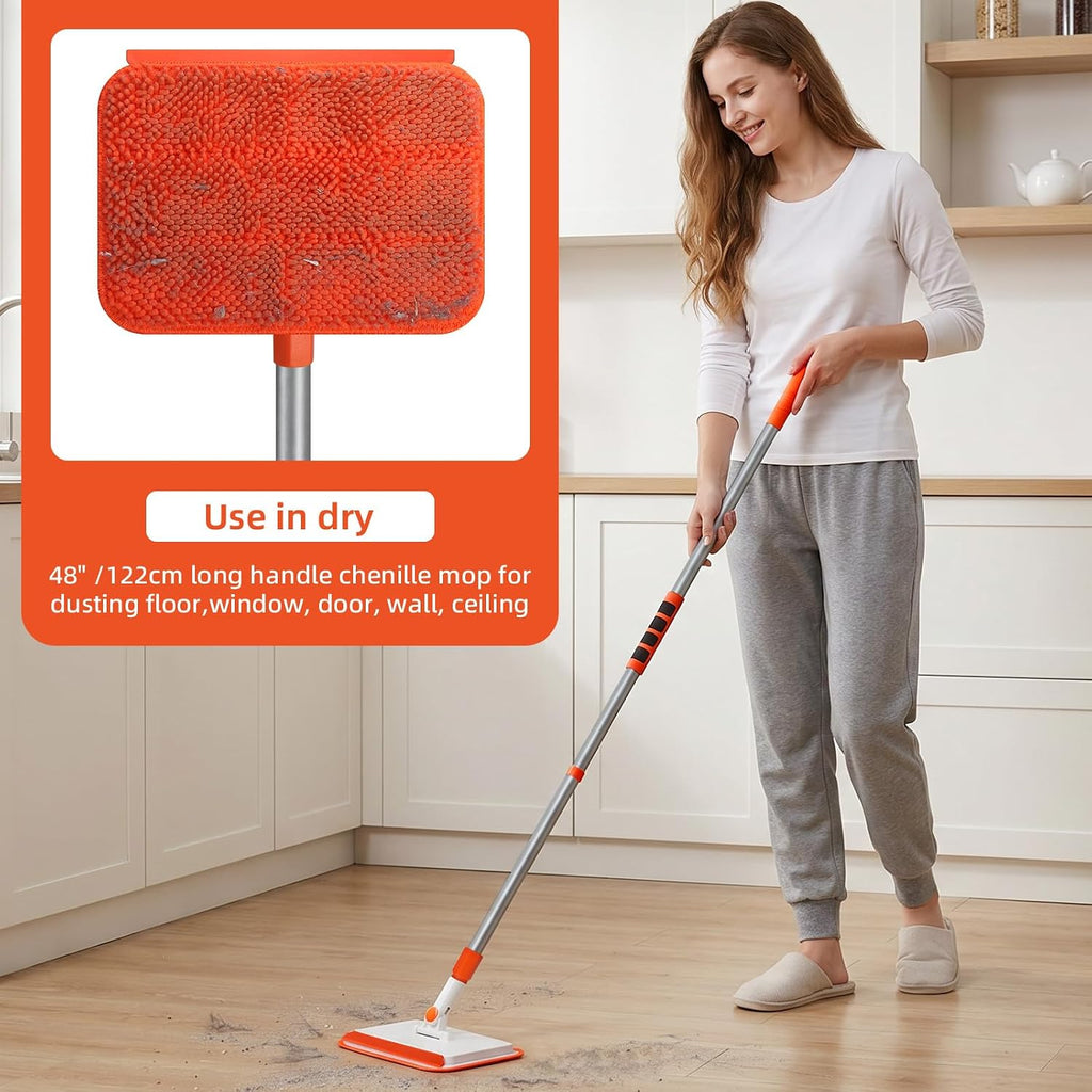 Qaestfy Wall & Baseboard Cleaner Mop Tool with 49'' Long Handle for Cleaning Window Floor Skirting Board Ceiling Bathtub Tub Tile Scrubber Brush Duster with 4 Reusable Pads